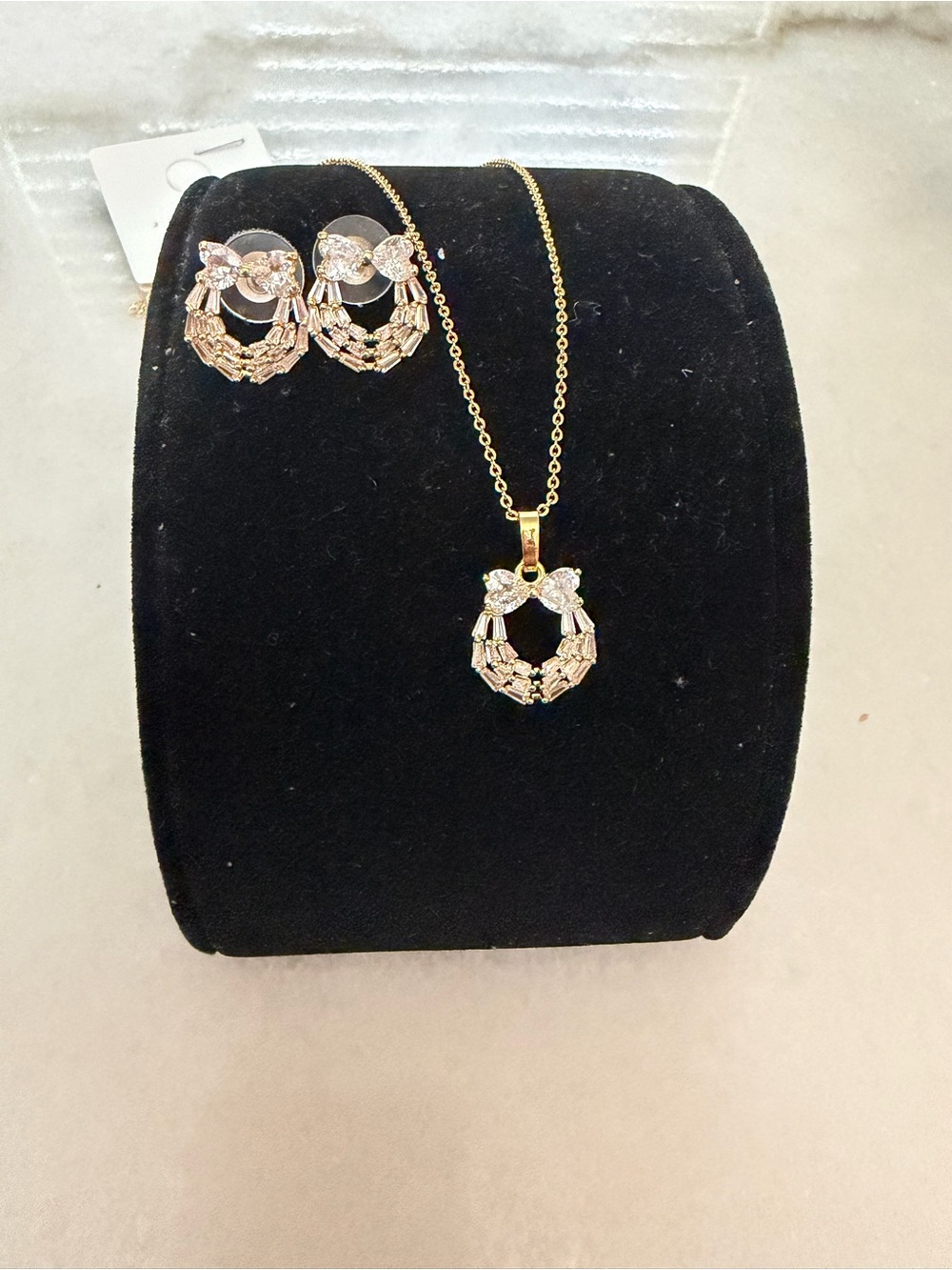 Gold Crystal Wreath Pendant Necklace and Earring Set - Women Jewelry